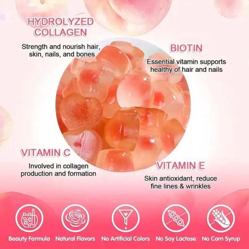 Peach Flavor Collagen Biotin Gummies with Vitamin C - Low Sugar Herbal Supplements for Hair, Skin, and Nail Growth for Adults