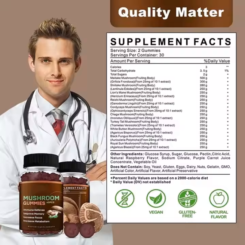 10-in-1 Organic Mushroom Gummies for Brain Focus & Immune Defense - Natural Vegan Supplement for Adults Kids