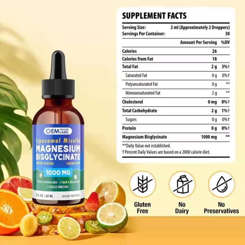 OEM Magnesium Glycinate Supplement 1000mg Liposomal Magnesium Bisglycinate Drops for Sleep, Calm, Bone & Muscle