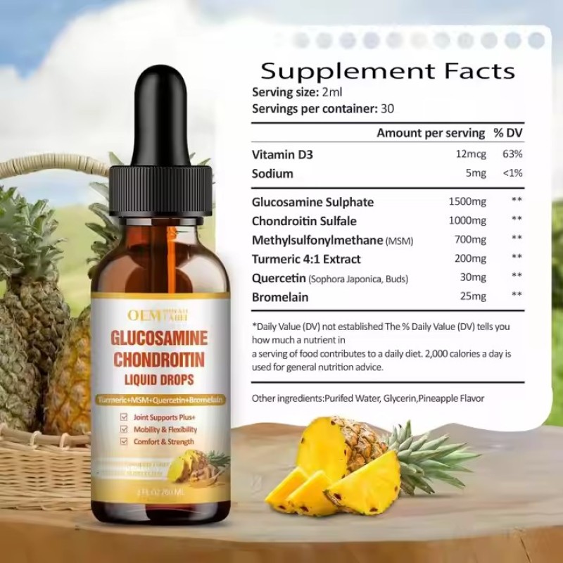 Glucosamine Chondroitin Supplement Vegetarian Joint Health MSM Liquid Drops Oil Turmeric Quercetin Pineapple Enzyme