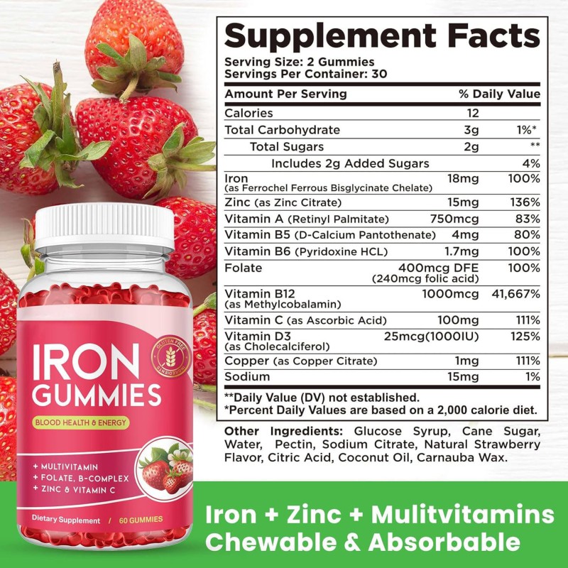 Iron Soft Candy Iron Supplements Zinc Vitamin B Complex CB12 Folic Acid Blood Cleanser Energy Support