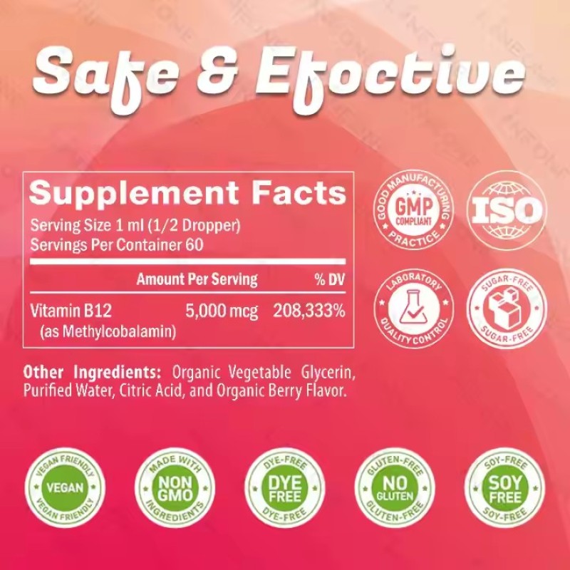 OEM/ODM Organic Sublingual Vitamin B12 Drops Vegan Liquid Methylcobalamin for Adults and Newborns High Absorption Oral Liquid