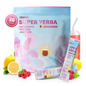 OEM Super Yerba Powder - Raspberry Lemonade Ashwagandha Mushroom Magnesium Vitamin D3 - Energy Focus Gut Support Supplement