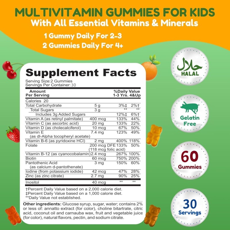 Biocaro Kids Multivitamin Gummies with Vitamins D3 K2, A, C, B6, B12 & Zinc - Immune Support & Growth | Vegetarian