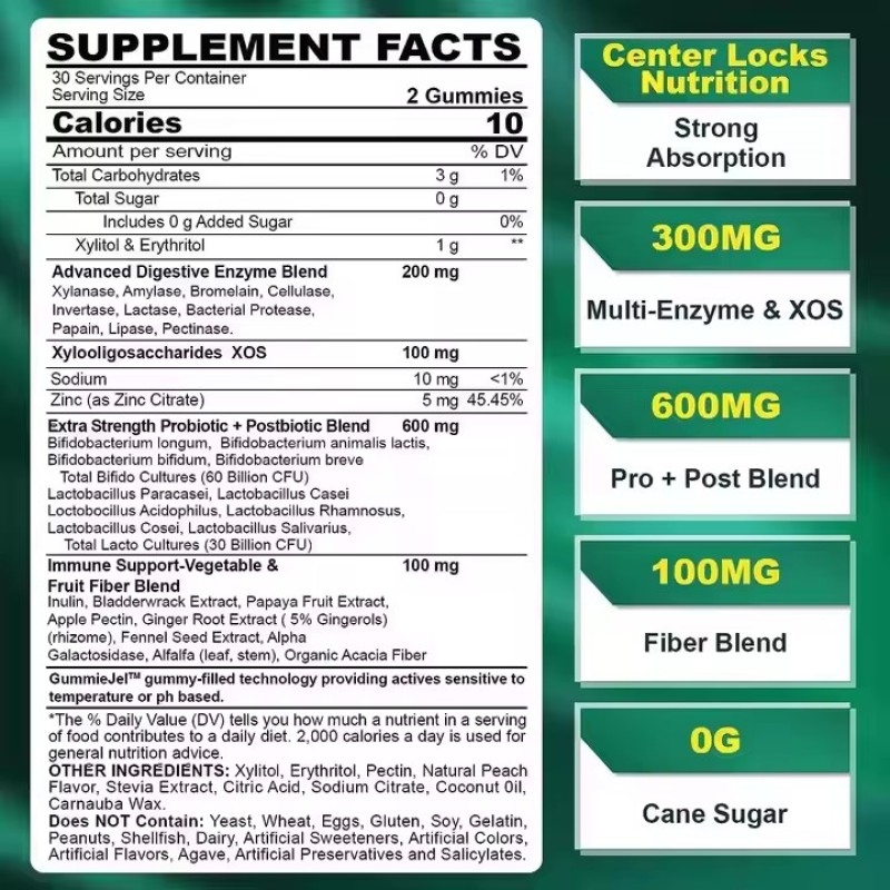 Sugar Free Fiber Gummies Multi Digestive Enzymes Supplements Probiotics & Prebiotics Fiber Blend Filled Gummies