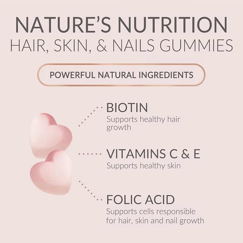 Herbal Hair Growth Gummy with Biotin Folic Acid Zinc Vitamin B12 Strawberry Flavor for Reduce Hair Loss Strengthen Elasticity