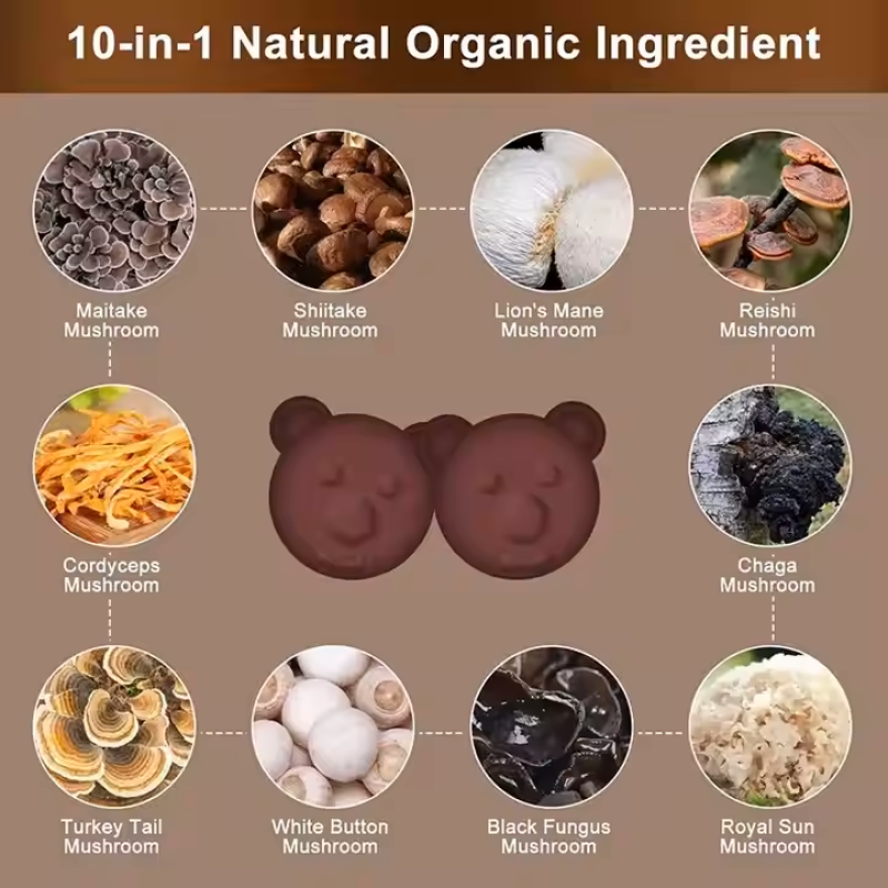 10-in-1 Organic Mushroom Gummies for Brain Focus & Immune Defense - Natural Vegan Supplement for Adults Kids