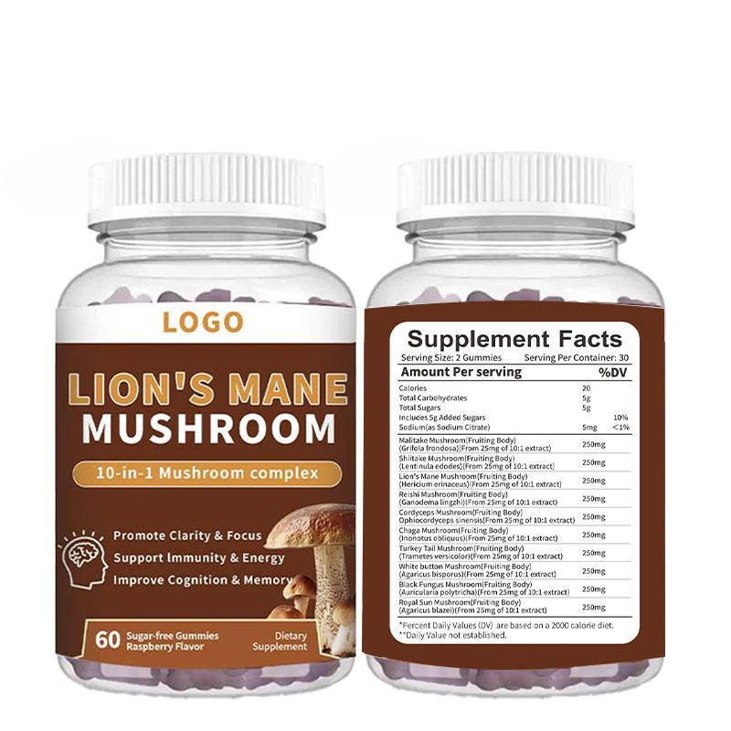 Organic Lions Mane and Ashwagandha Gummies for Focus Energy and Stress Relief with Cordyceps Reishi