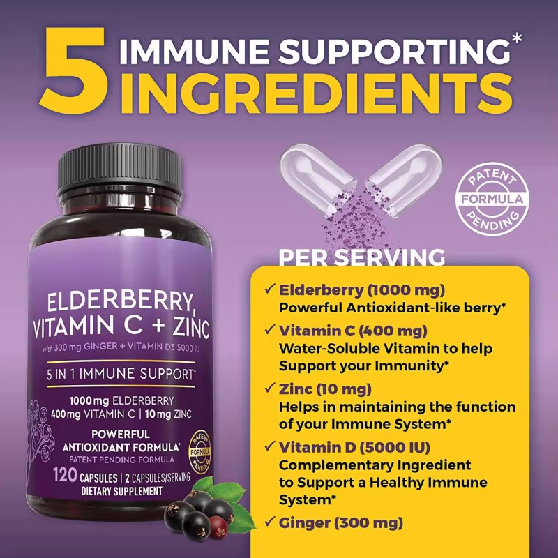 Natural Herbal Supplement Black Elderberry Extract Multi-Vitamin Capsules Vegan Immune Booster Improves Endurance