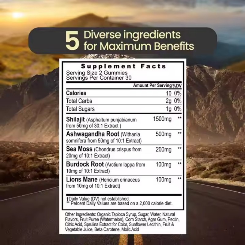 Pure Himalayan Shilajit Gummies Ashwagandha Burdock Root Fulvic Acid Shilajit Gummies Supplement Energy