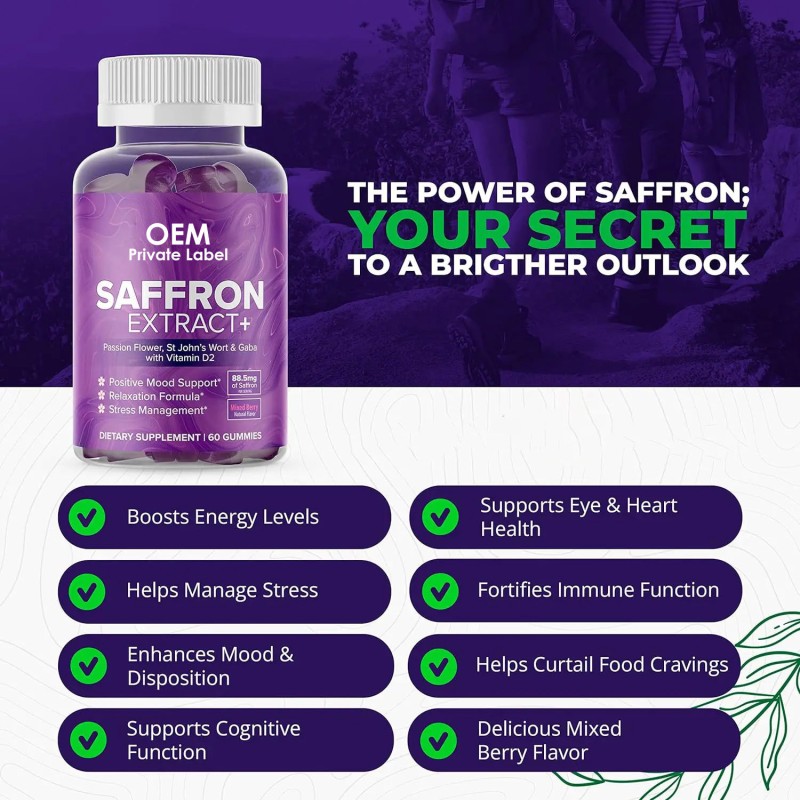 Custom OEM Private Label Formula Adult Focus Mood Enhancement Saffron Gummy Supplements GABA Saint John's Herbal Supplements
