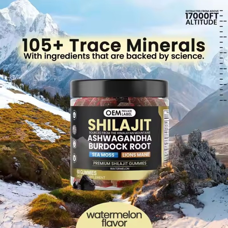 OEM Pure Himalayan Shilajit Gummies Shilajit Sea Moss Ashwagandha Burdock Root Lions Mane Mushroom Supplement with Fulvic Acid