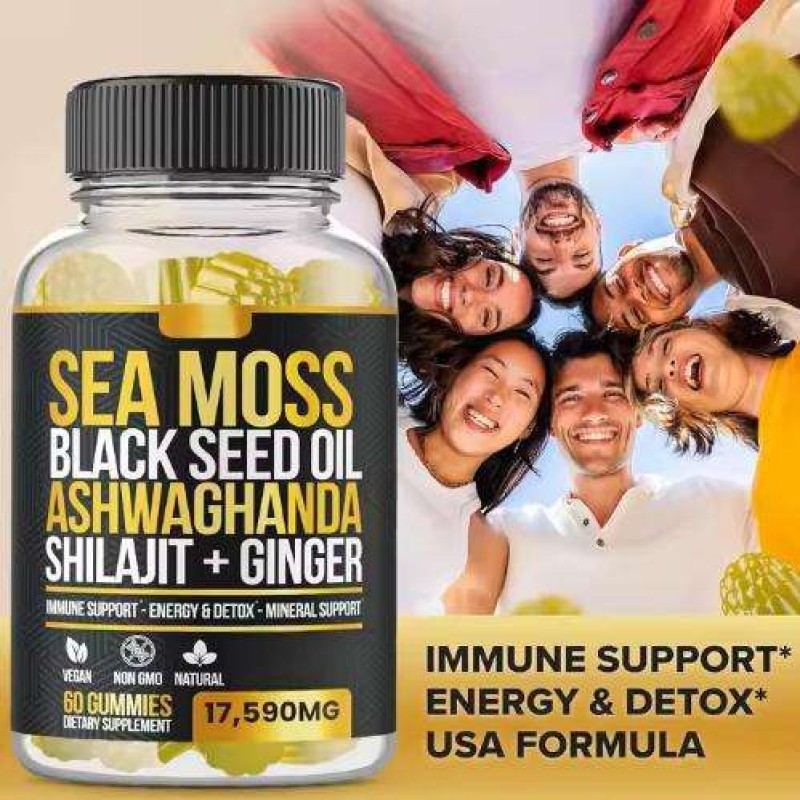 OEM Sea Moss Black Seed Oil Gummies with Elderberry, Turmeric & Bladderwrack for Energy & Detox