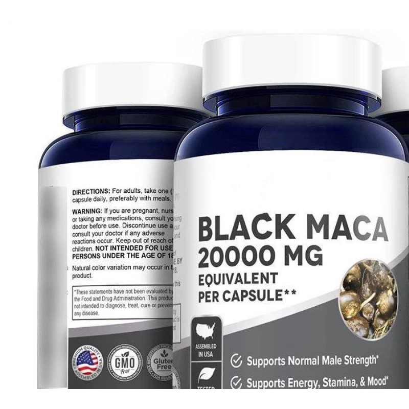 Peruvian Black Maca Capsules  Extract, Natural Energy & Stamina Booster for Men, Vegan & GMP Certified, MAXTHR Brand
