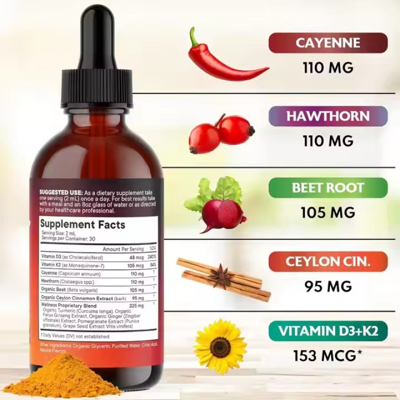 Cayenne Pepper Liquid Drops Supplement with Hawthorn Berry Vitamin D3 K2 Beet Root Ceylon Cinnamon Turmeric
