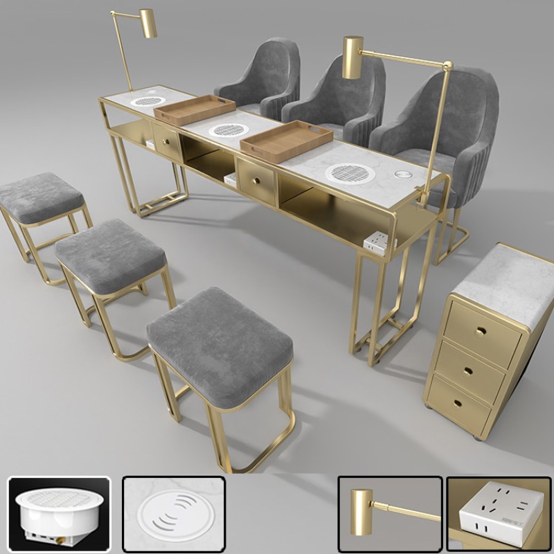Professional Manicure Table Manufacturer - 5 in 1 Smart Double Marble Desk with Dust Vacuum