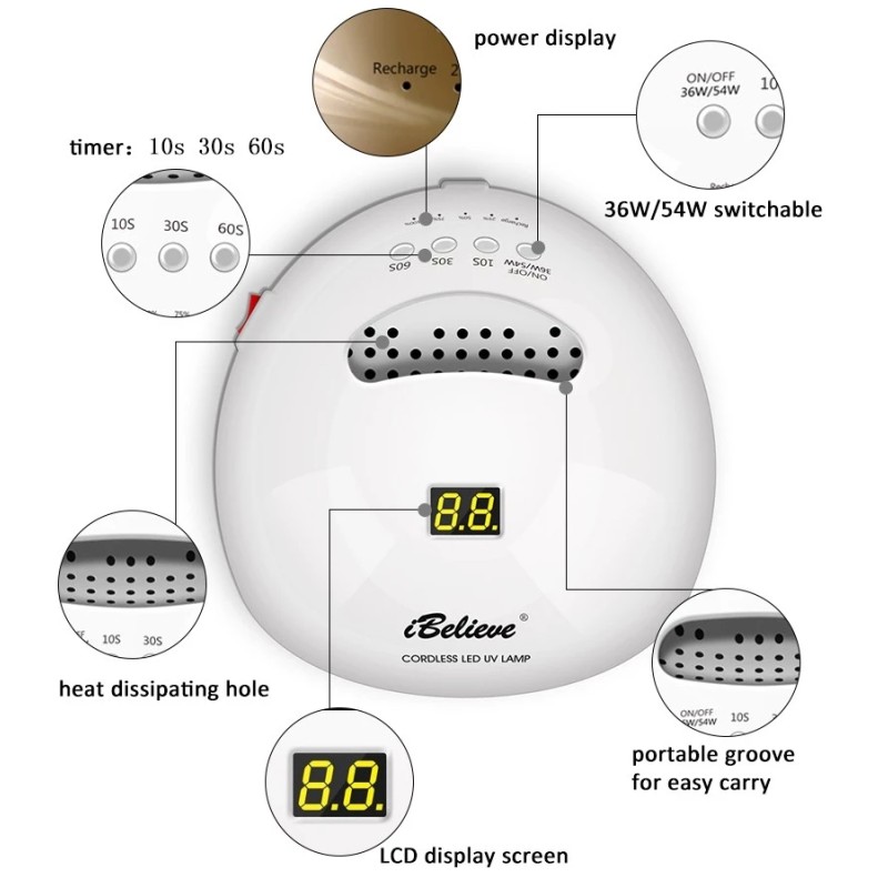 UV LED Nail Lamp Supplier - High Quality IBelieve 54W Cordless Modern Design Machine