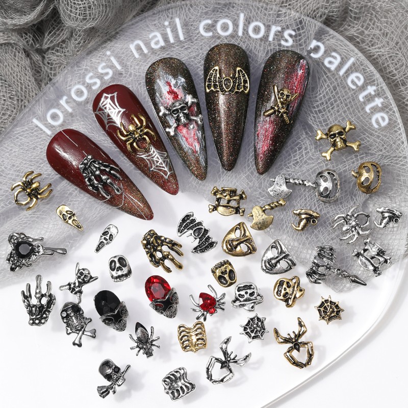 Halloween Nail Charms Factory - 3D Luxury Spider Cross Metal Designer Brand Logo Mix