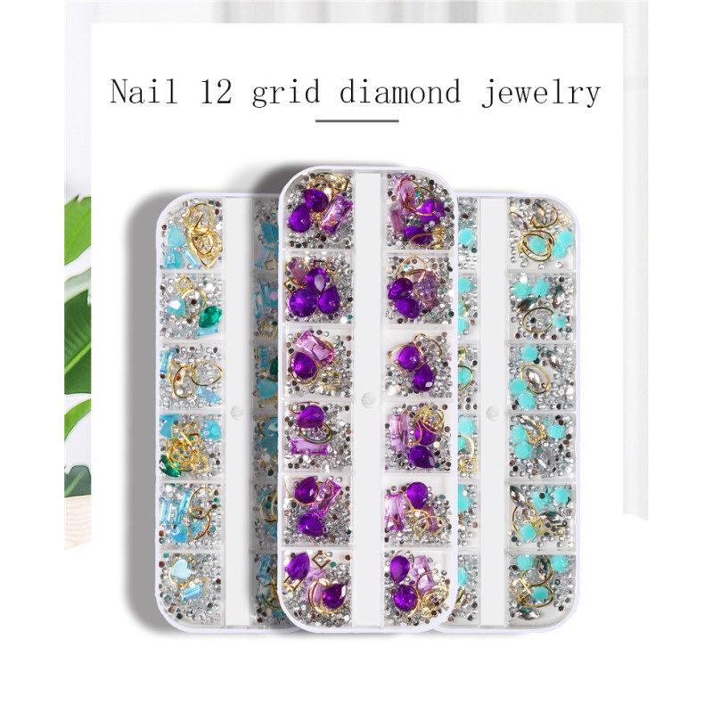 Nail Art Decals Set Factory - Best Sale 6 Designs Diamond Jewelry 3D 12 Grid Mix Rhinestone