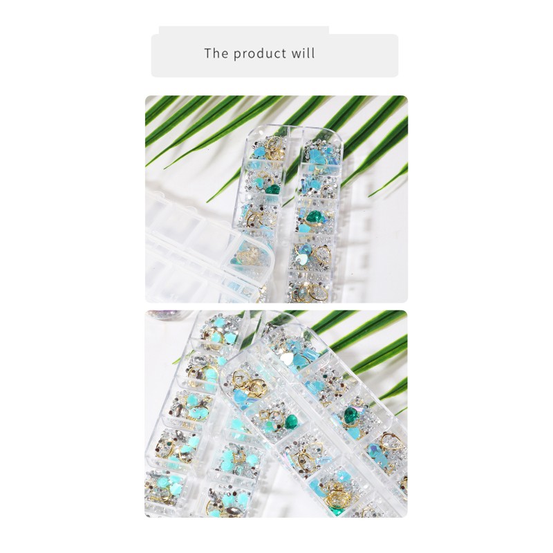 Nail Art Decals Set Factory - Best Sale 6 Designs Diamond Jewelry 3D 12 Grid Mix Rhinestone