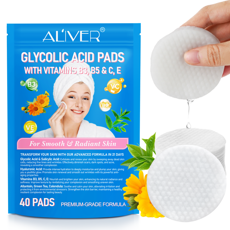 ALIVER Glycolic Acid Face Pads Manufacturer - 40 Pcs Exfoliating & Nourishing Pads with Vitamins B3, B5, C, E