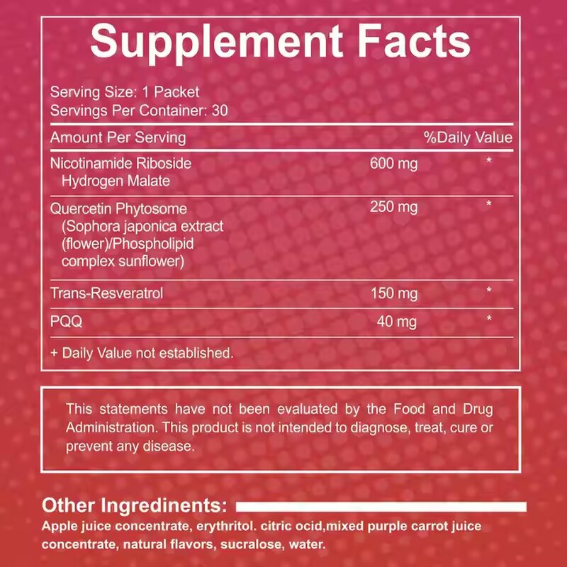 NAD+ Supplement Drink Mix - Herbal PQQ & Nicotinamide Riboside for Skin & Focus Support