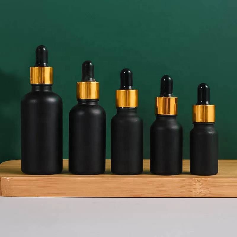 Skincare Dropper Bottle Supplier - 5ml-100ml Frosted Black Round Shoulder Glass Face Serum