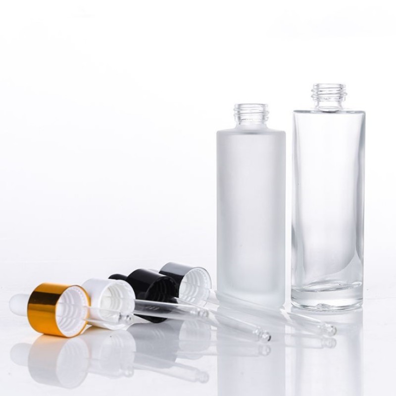 Serum Dropper Bottle Supplier - 15ml-100ml Round Cylinder Flat Shoulder Clear Glass Bottle