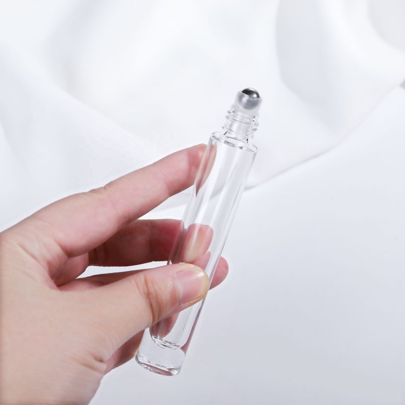 Glass Roll on Bottle Manufacturer - 10ml Transparent Refillable Thin Long Tube Steel Roller