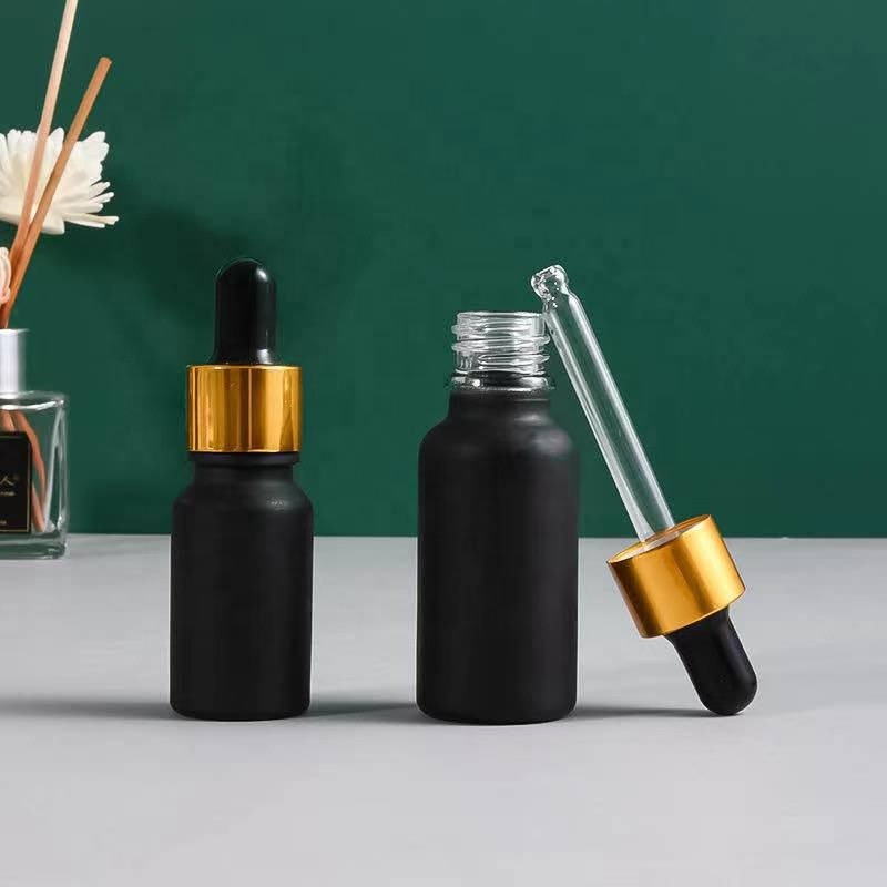 Skincare Dropper Bottle Supplier - 5ml-100ml Frosted Black Round Shoulder Glass Face Serum