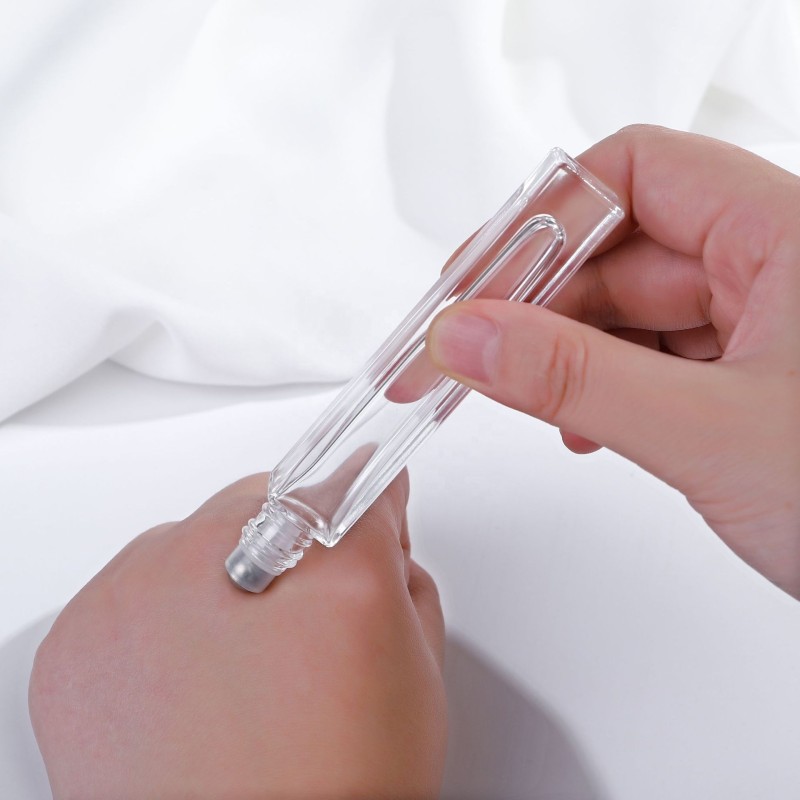 Glass Roll on Bottle Manufacturer - 10ml Transparent Refillable Thin Long Tube Steel Roller