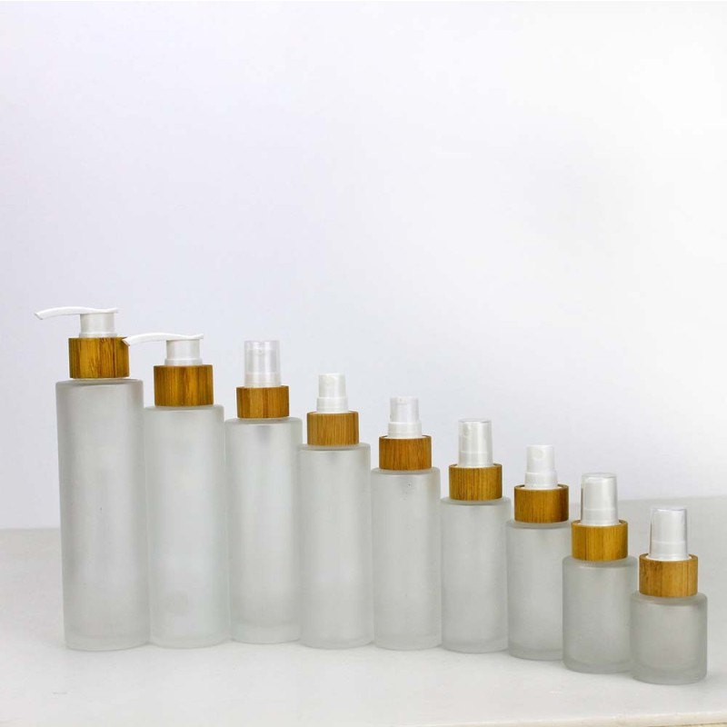 Glass Spray Bottle Manufacturer - 20ml-150ml Frosted Clear Glass Serum Body Lotion with Bamboo