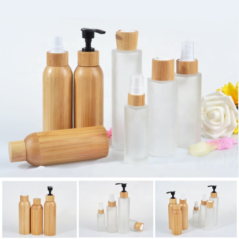 Bamboo Pump Bottle Manufacturer - 60ml 100ml 2oz Glass Lotion Spray Bottle with Bamboo Lid