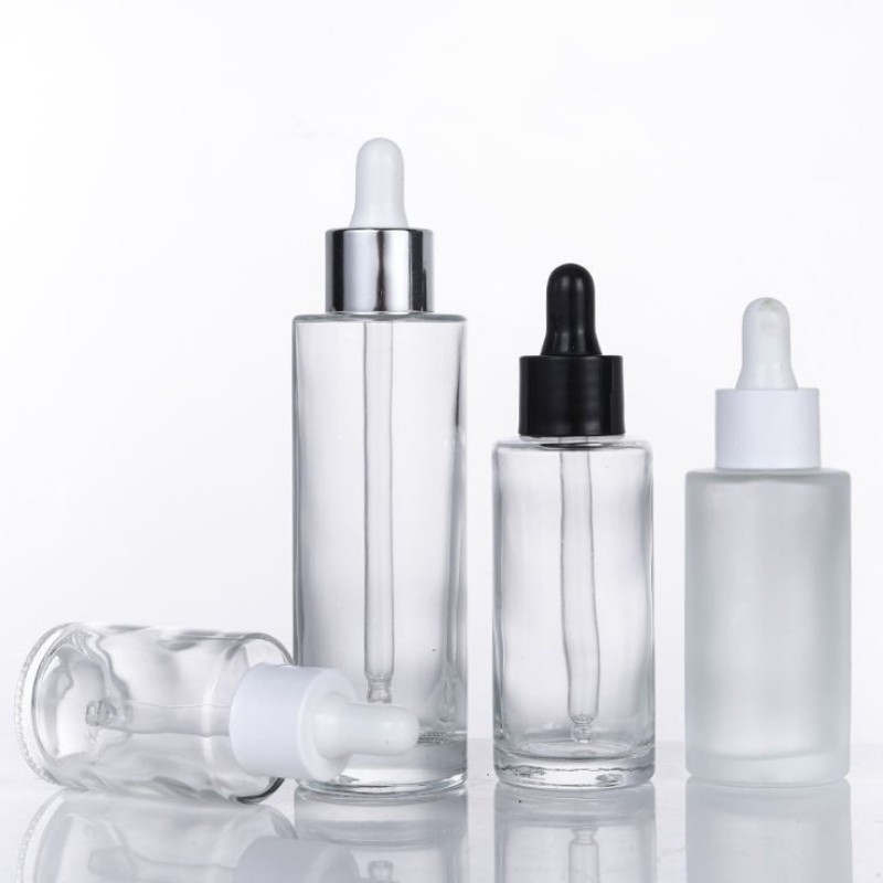 Serum Dropper Bottle Supplier - 15ml-100ml Round Cylinder Flat Shoulder Clear Glass Bottle