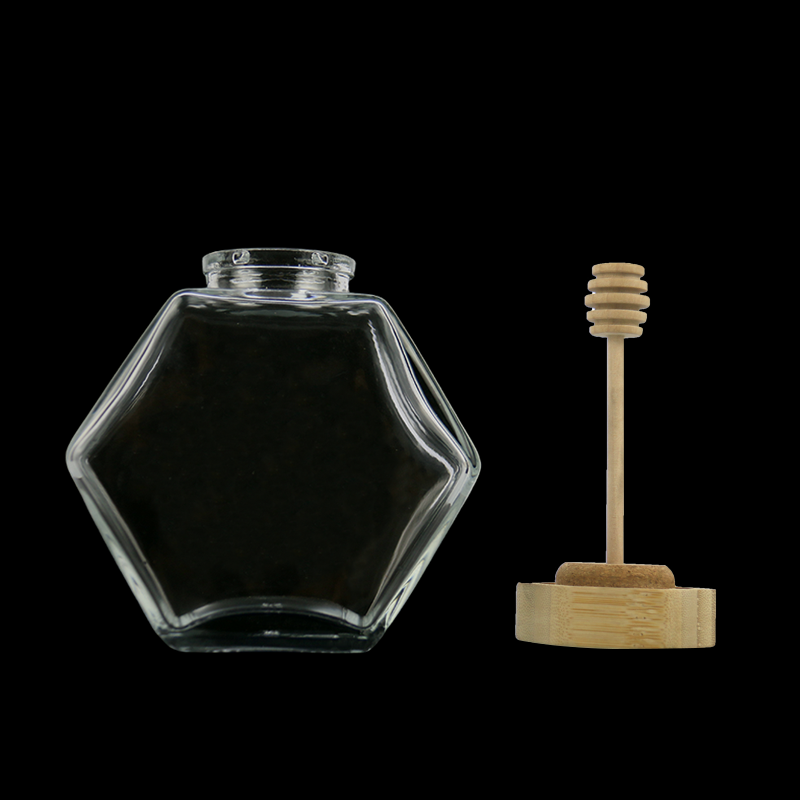 Hexagonal Honey Jars Manufacturer - 100ml-380ml Food Grade Glass Jars with Stirrer