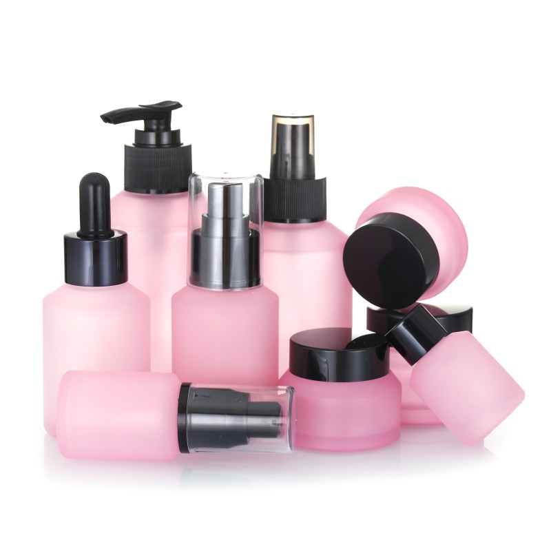 Glass Bottle Set Manufacturer - Pink Dropper Pump Lotion Spray Bottle Set