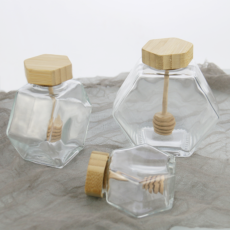Hexagonal Honey Jars Manufacturer - 100ml-380ml Food Grade Glass Jars with Stirrer