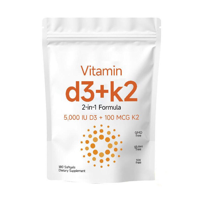 Vitamin D3 K2 Softgel Capsules Manufacturer - 5000IU D3 with 100mcg K2 for Immune & Bone Support, 180 Capsules