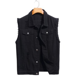 Designer Vest Supplier - Men's Washed Ripped Raw Cuff Edge Black Denim Jean Waistcoat