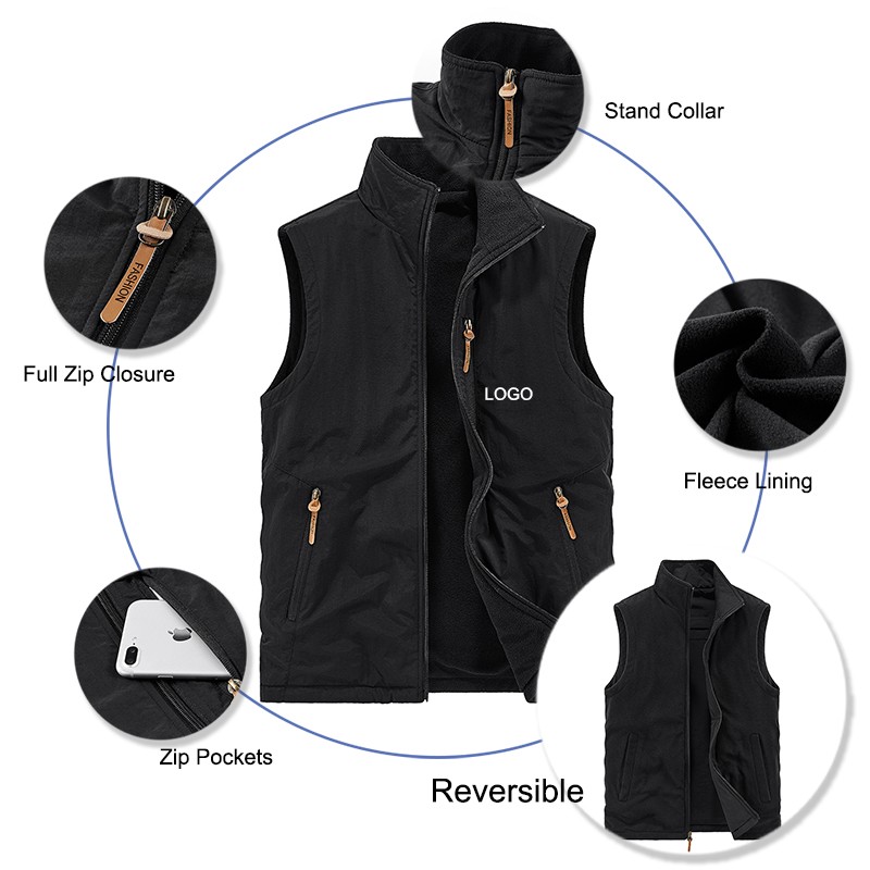 Utility Vest Factory - Men's Practical Soft Shell Reversible Stand Collar Polar Fleece Vest