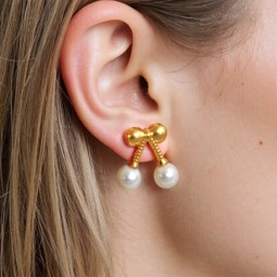 Pearl Cherry Earrings Factory - Stainless Steel Gold Stud Earrings