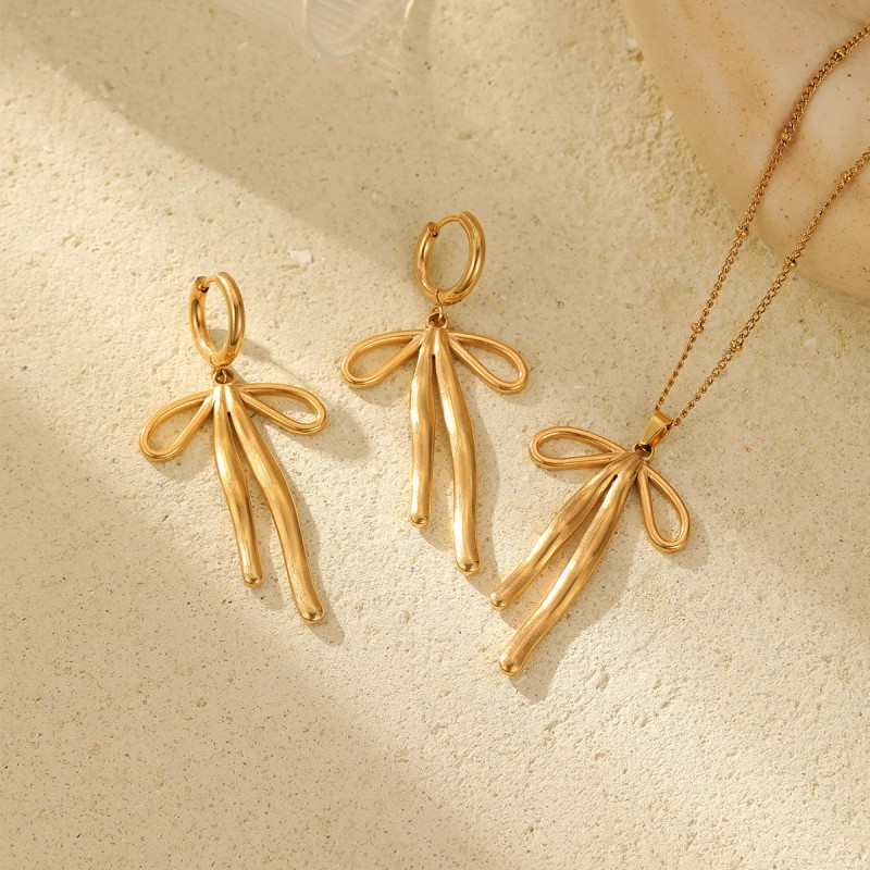 Bow Earrings Supplier - Gold Plated Simple Bowknot Long Earrings