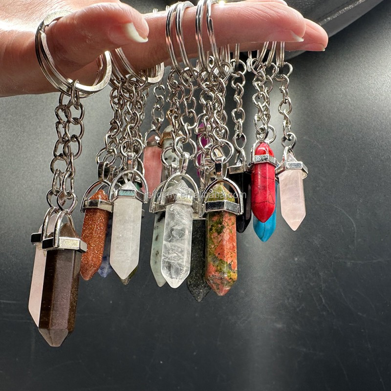 Crystal Keychain Supplier - Natural Quartz Hexagonal Column Handmade Double Point Keychain