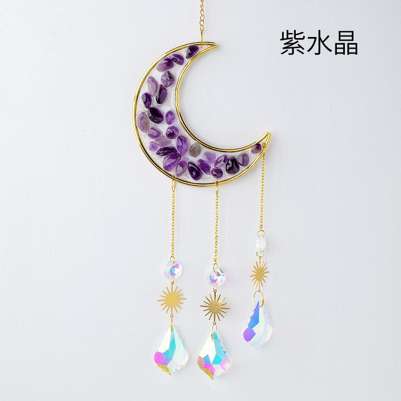 Sun Catcher Supplier - Natural Crystal Wind Chime Hanging Amethyst Gravel Moon