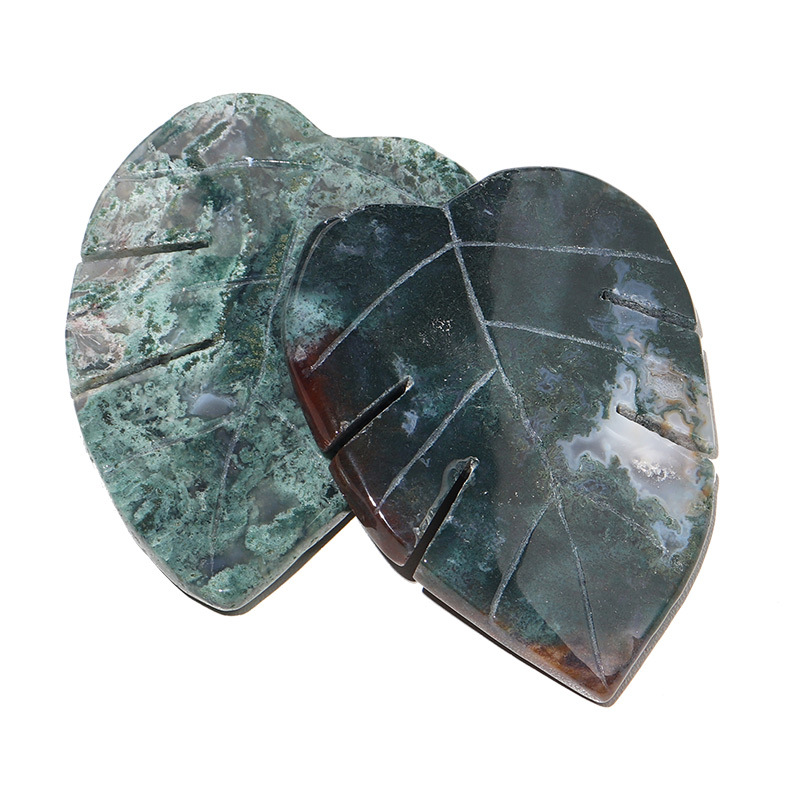 Healing Stones Factory - Hand Carved Natural Leaf Shaped Moss Agate Crystal Crafts