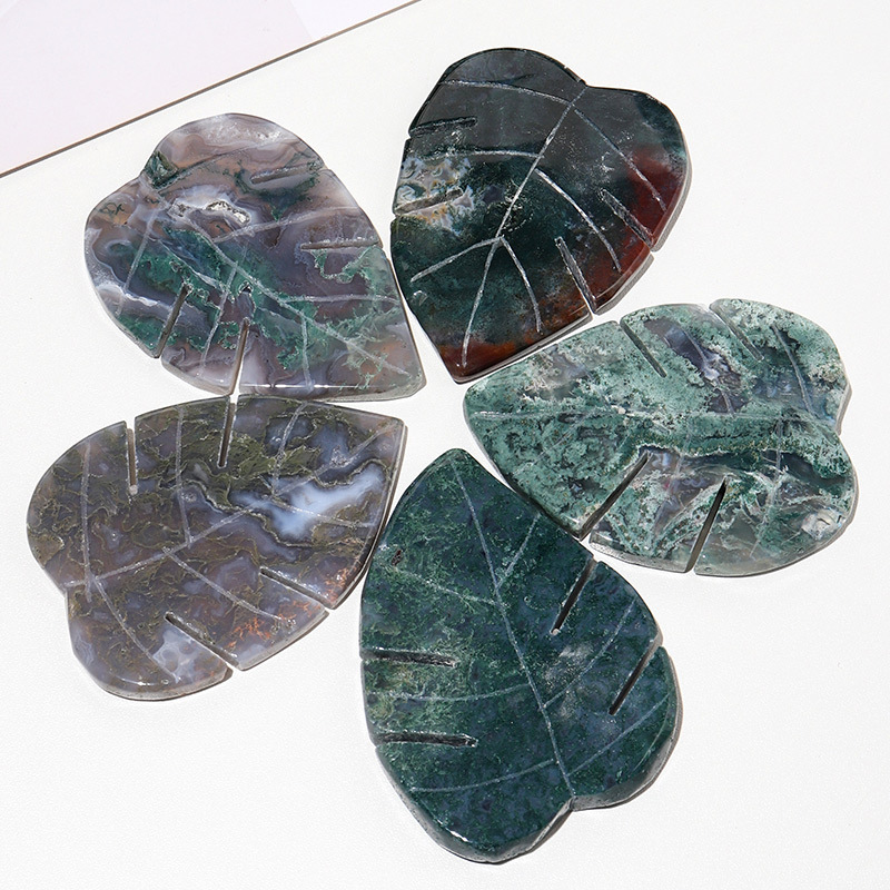 Healing Stones Factory - Hand Carved Natural Leaf Shaped Moss Agate Crystal Crafts