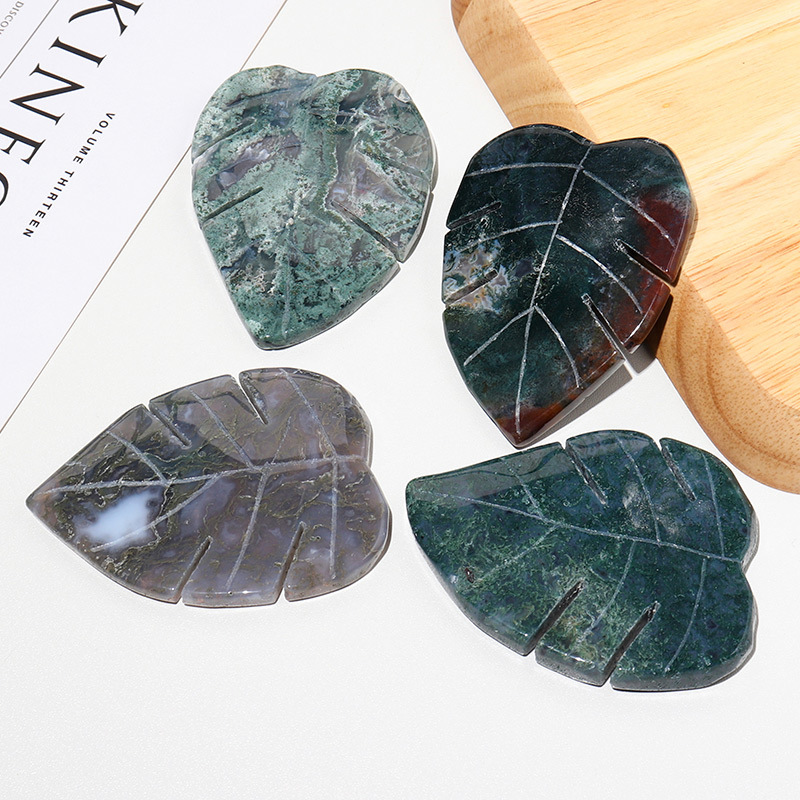 Healing Stones Factory - Hand Carved Natural Leaf Shaped Moss Agate Crystal Crafts
