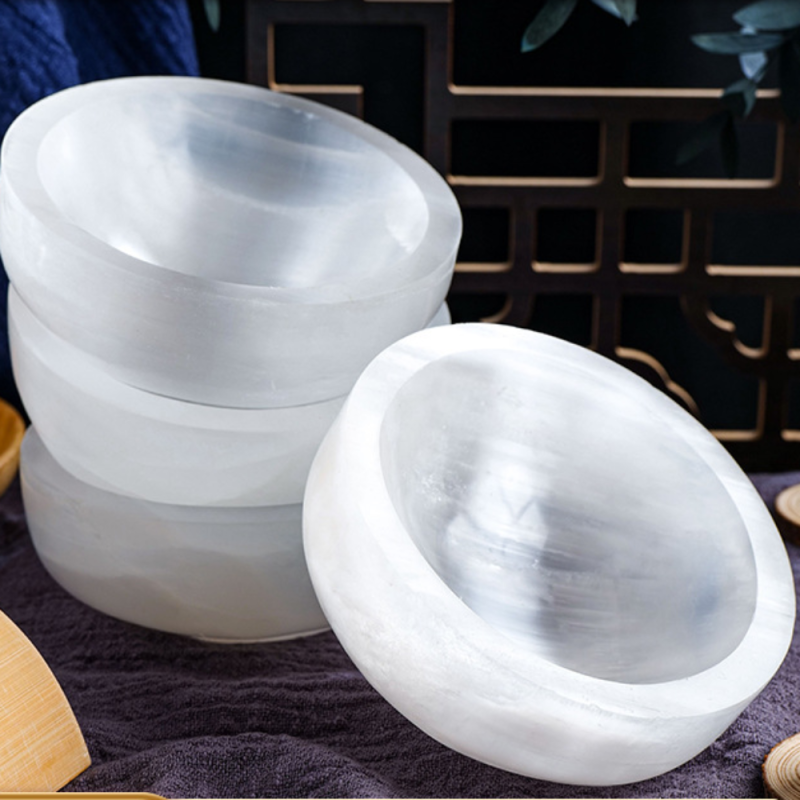 Gypsum Bowl Manufacturer - Natural Carved Crystal Round Shape Large White Selenite Bowl