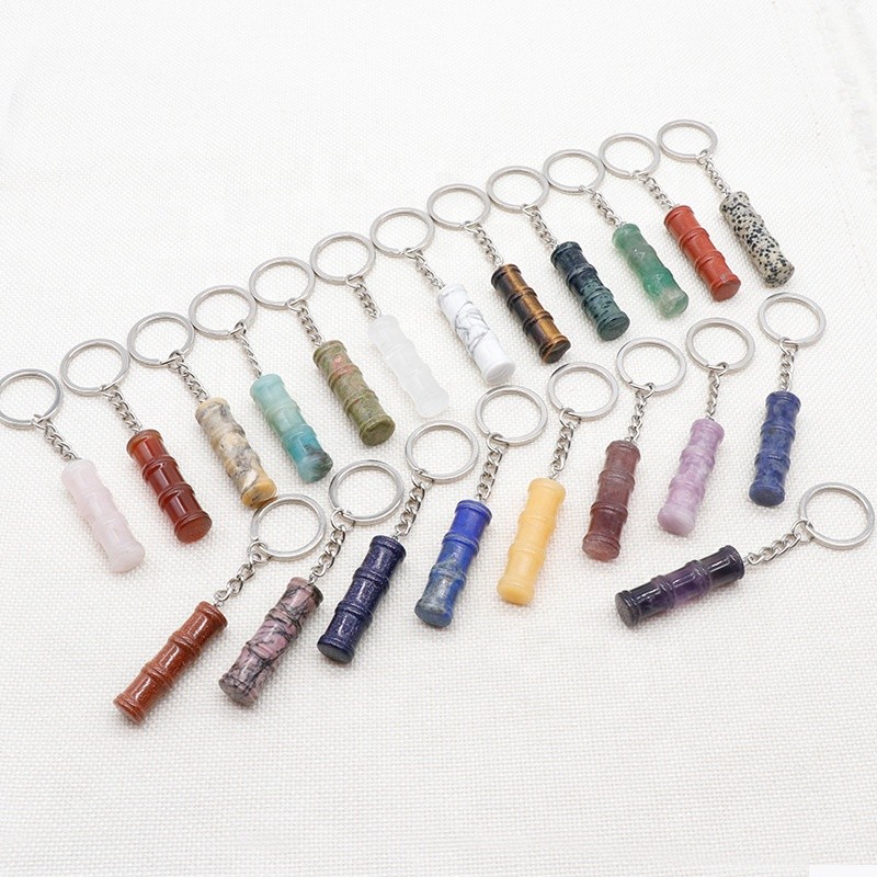 Bamboo Keychain Factory - Carved Bamboo Joint Shape Healing Crystal Stone Key Rings