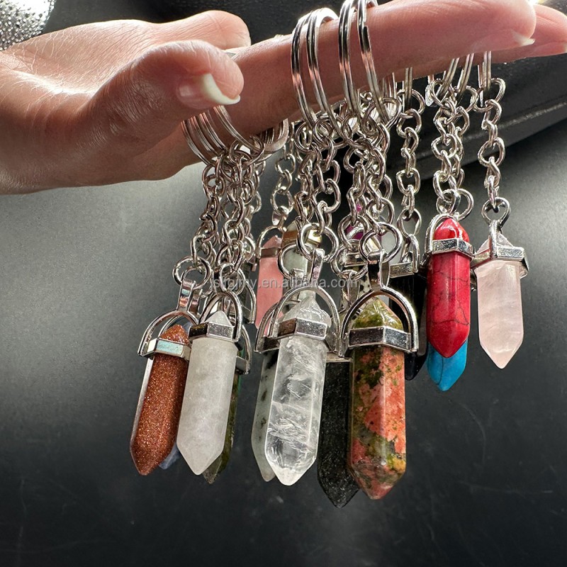 Crystal Keychain Supplier - Natural Quartz Hexagonal Column Handmade Double Point Keychain